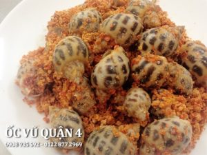 Đĩa ốc họa tiết vỏ ăn vặt, trộn tỏi phi giòn và vụn cay tại Ốc Vũ Quận 4