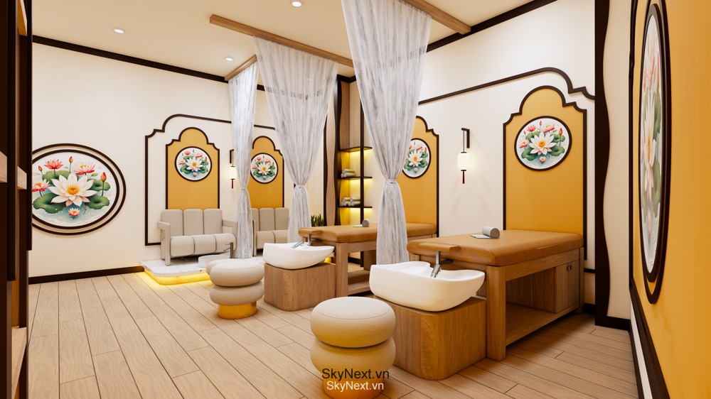 Phòng spa với giường massage, chậu ngâm chân và trang trí tường hoa sen