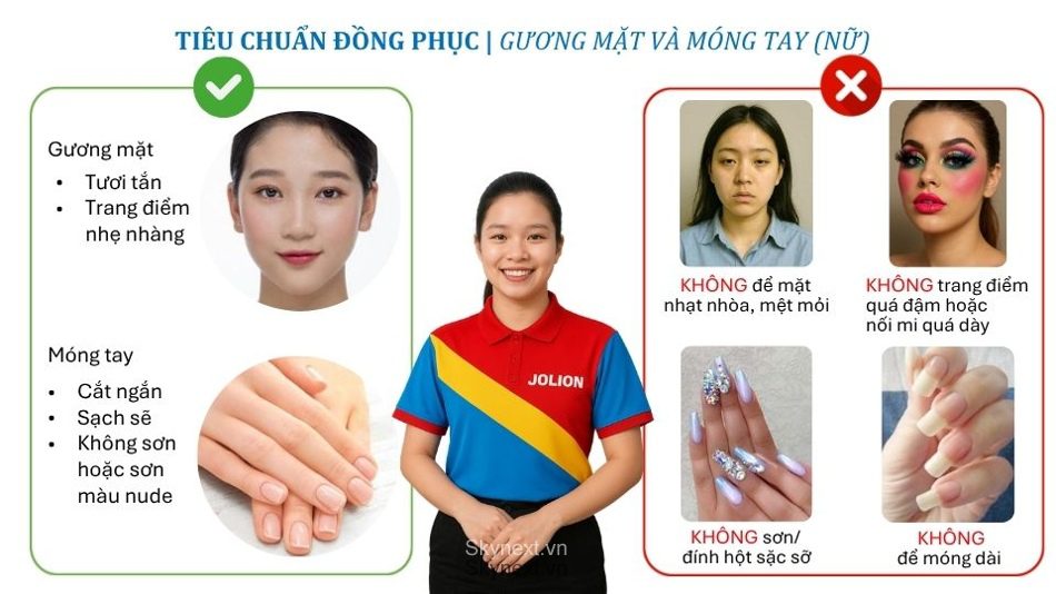 Infographic so sánh gương mặt trang điểm nhẹ và kiểu móng tay được chấp nhận và bị cấm