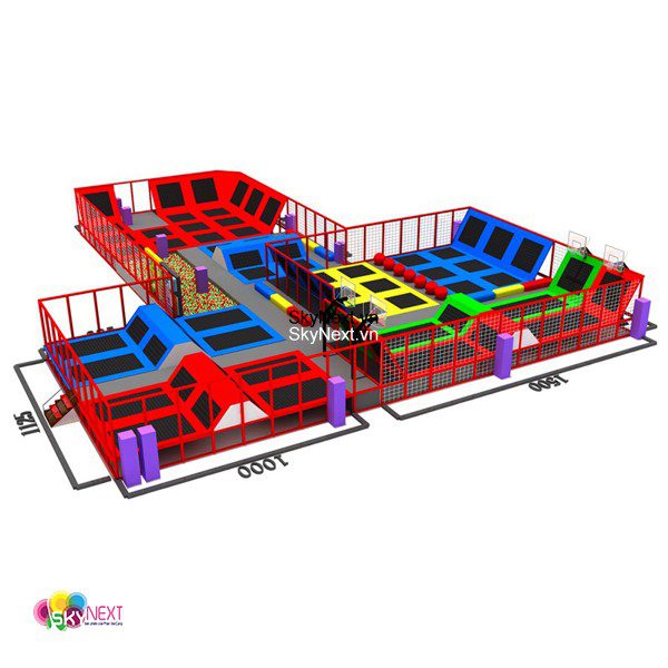 Mô hình 3D khu vui chơi bạt nhún nhiều màu sắc với lưới, bể bóng và sân nhỏ