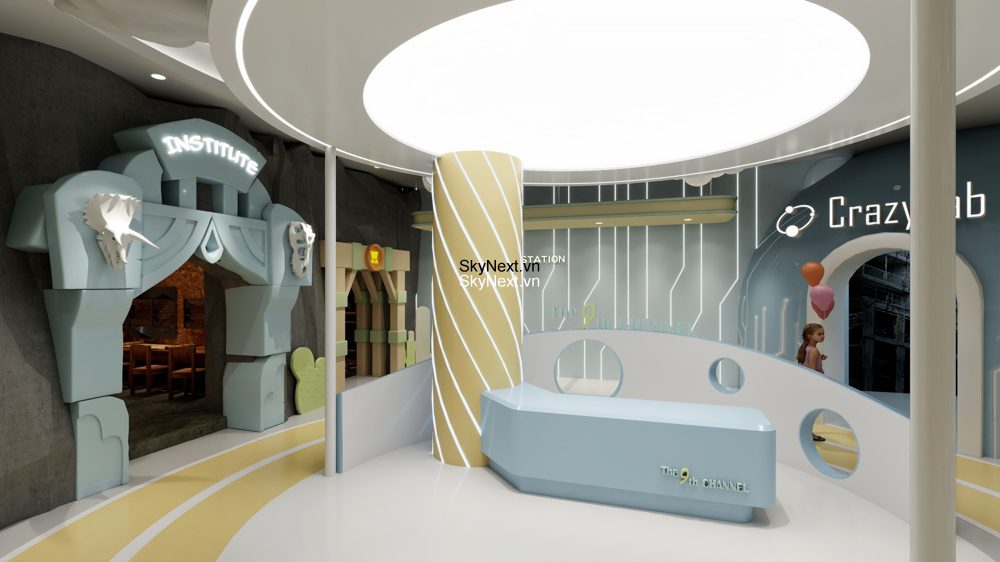 Sảnh nội thất sáng với quầy lễ tân cong, cột sọc và lối vào vòm ghi 'INSTITUTE'