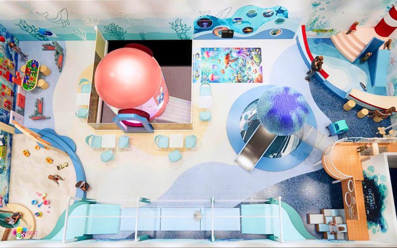 Bố cục mặt bằng khu vui chơi 900m2 với phân vùng toddler, 3-10 tuổi, family và phòng tiệc