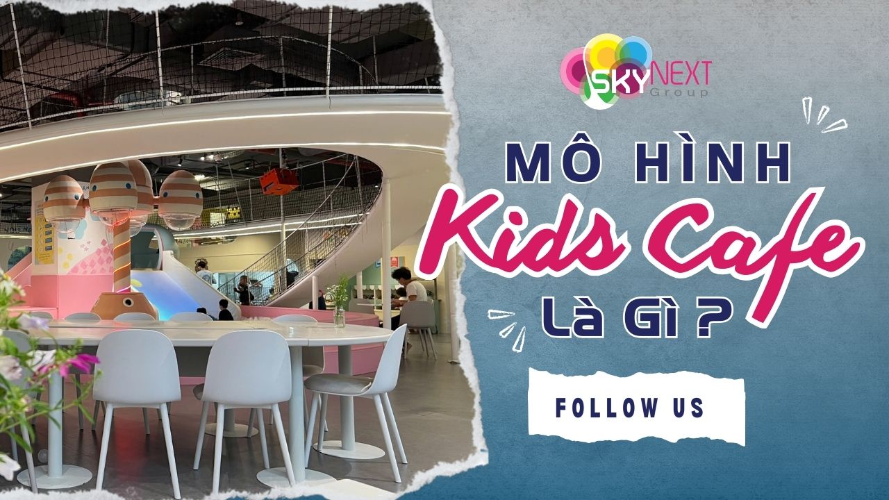Không gian quán cafe cho trẻ em với khu vui chơi màu pastel và bàn ghế trắng