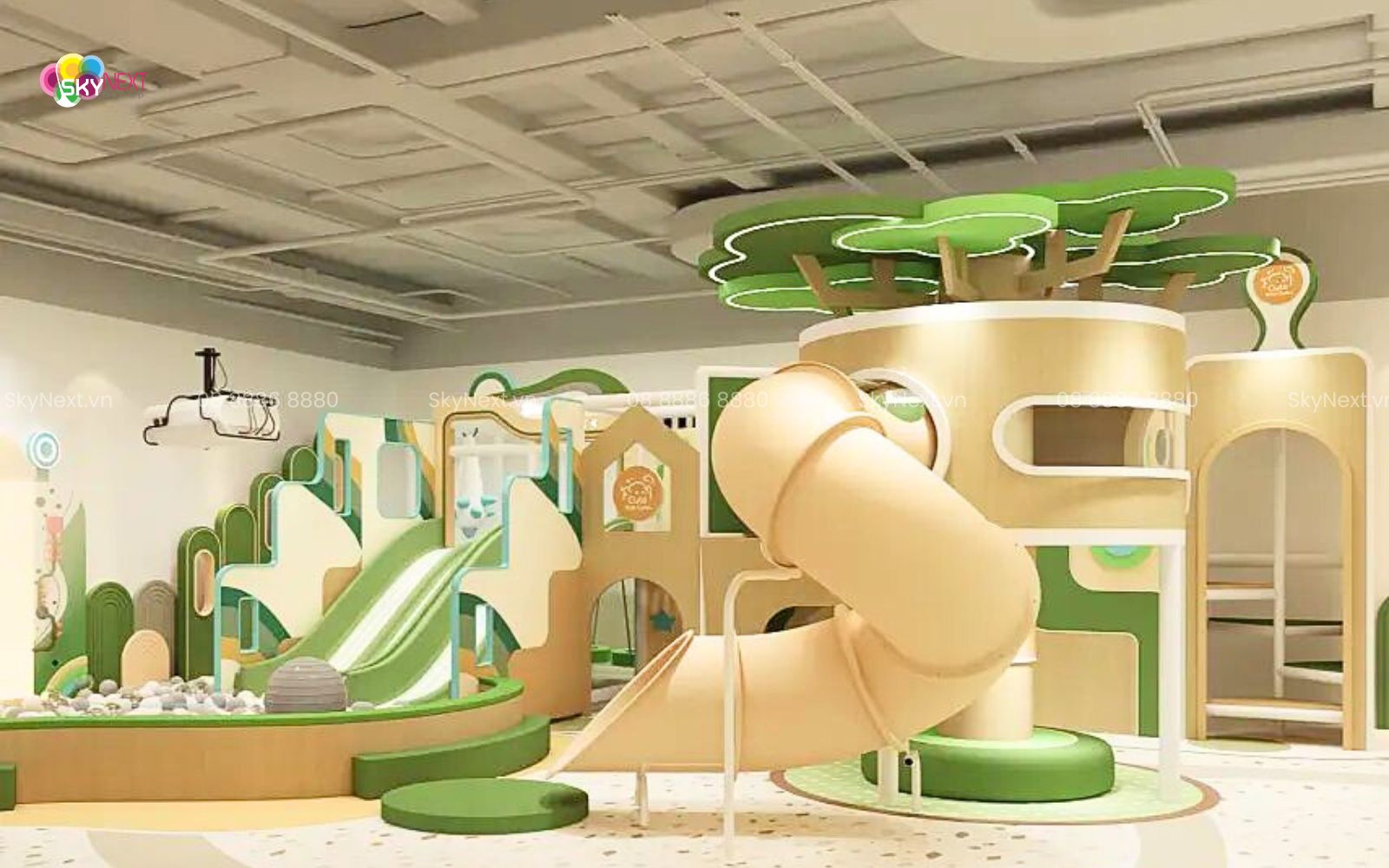 Bố trí khu vui chơi trong mặt bằng 10x25 m với các zone soft play, leo trèo, góc sáng tạo và khu tiệc