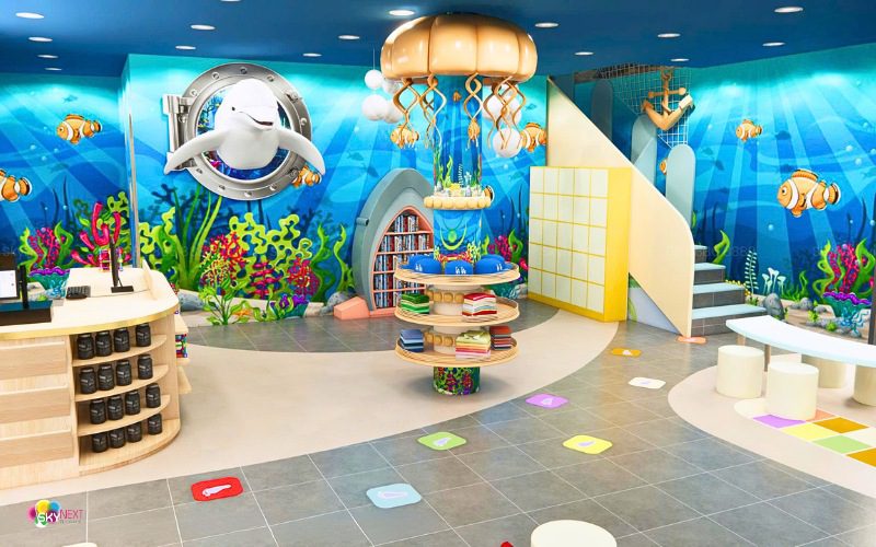 Mặt bằng mẫu khu vui chơi 400 m2 với phân vùng cho 0-3, 3-6, 6-12 tuổi và khu party