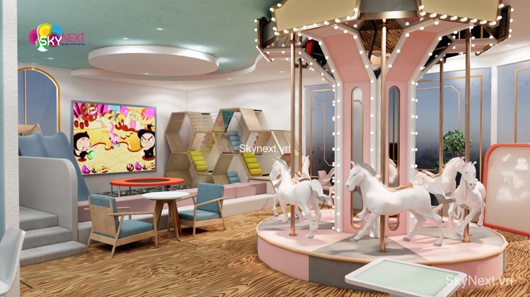 Đu quay vòng với các con ngựa trắng trong khu vui chơi trong nhà