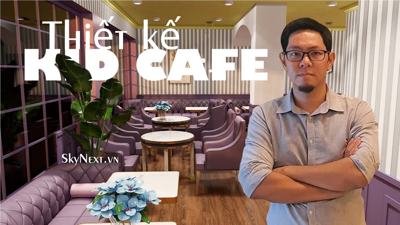 Người đàn ông khoanh tay đứng trước nội thất quán cà phê tông tím