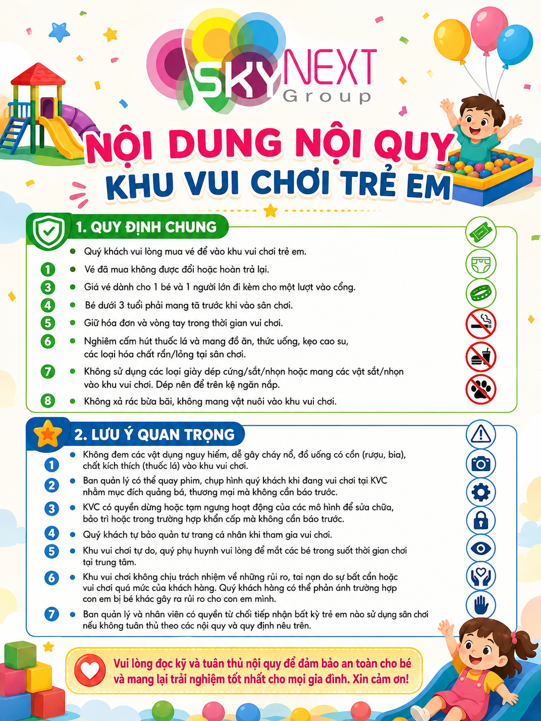 Biển nội quy khu vui chơi trẻ em màu sắc có logo và minh họa trẻ